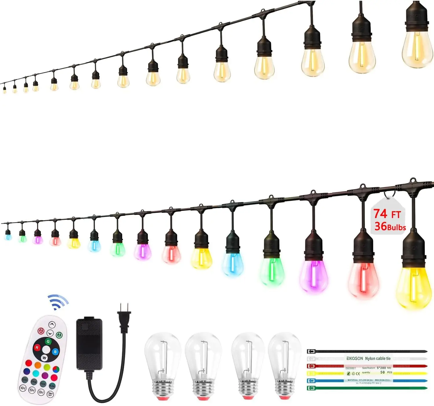 74FT Outdoor String Lights with 36+4 RGBW LEDs, Dimmable Remote, 12 Colors & 4 Modes, IP65 Waterproof, for Patio & Backyard