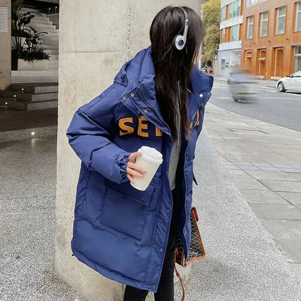 Hooded Down Cotton Jacket Women's Mid-Long Puffer Coat 2024 Korean Style Student Big Pocket Zipper Parkas Female Casual Outwears