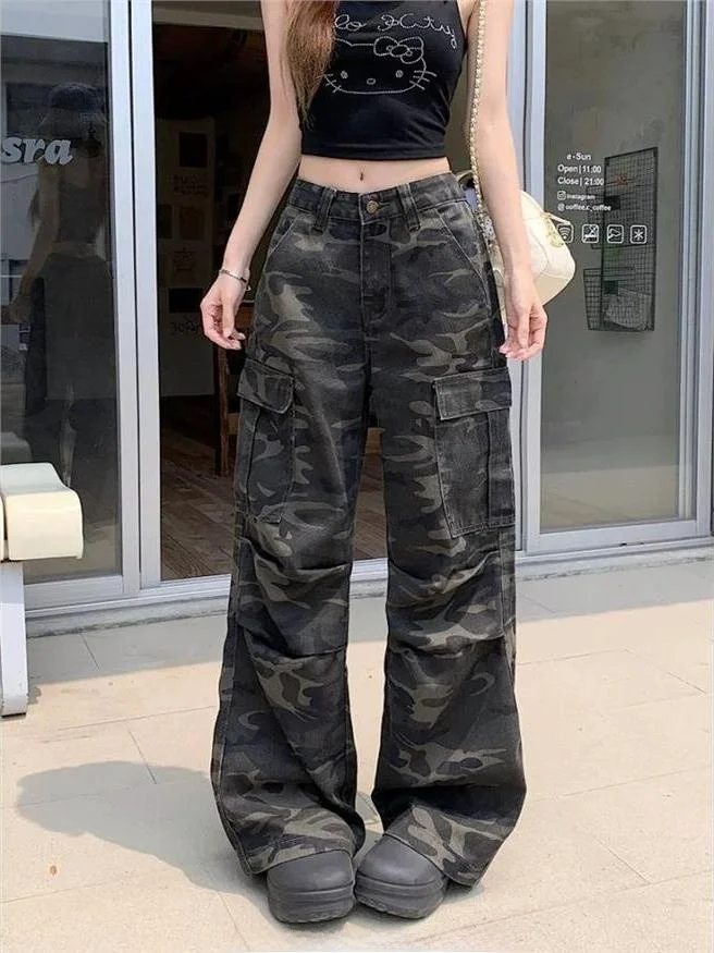 

American Style Spicy Girl Student Small Size Micro Flared Camouflage Pocket Workwear Jeans Wide Leg Floor Length Pants Women
