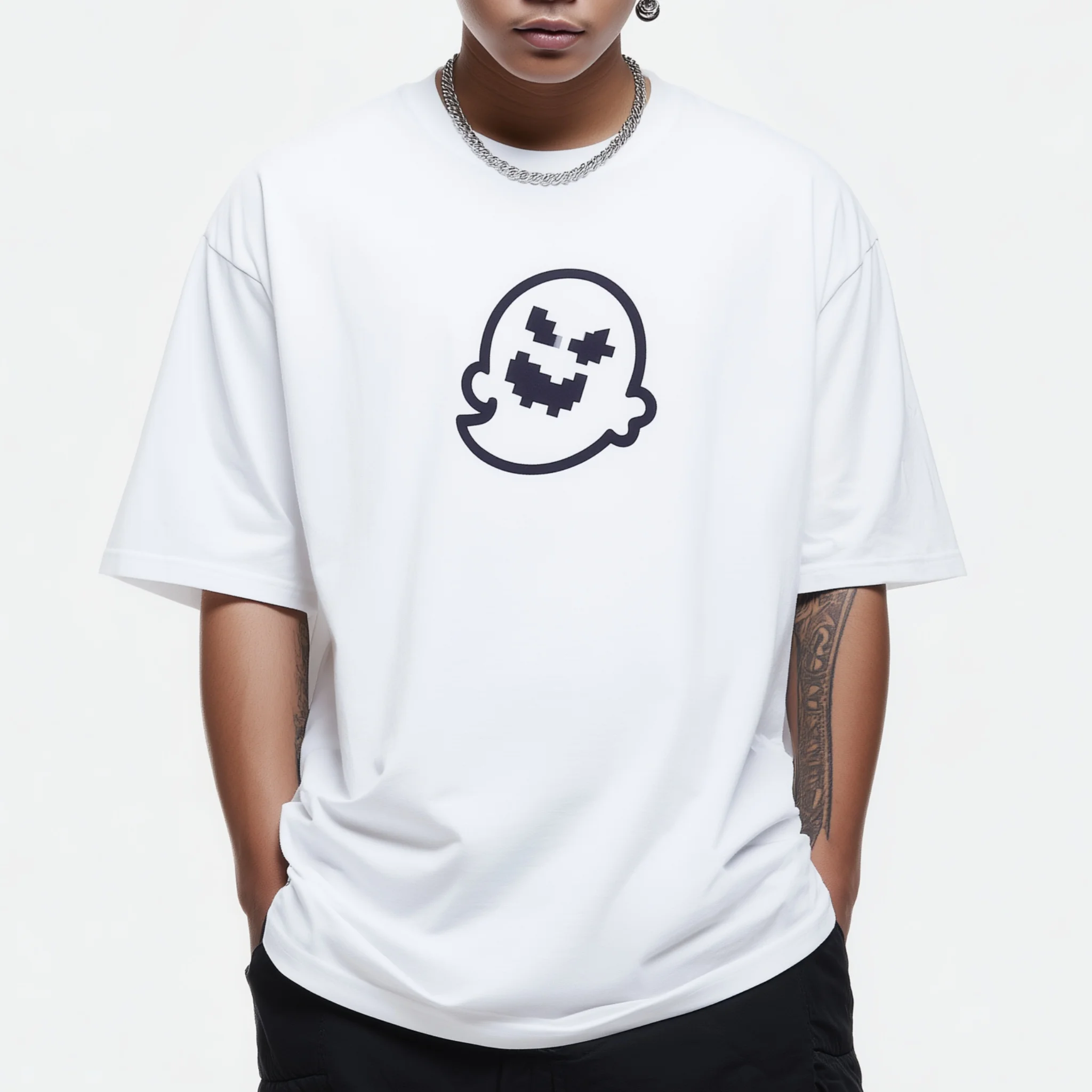 

Teevo Oversized White T-Shirt with Ghost Print for Casual Wear