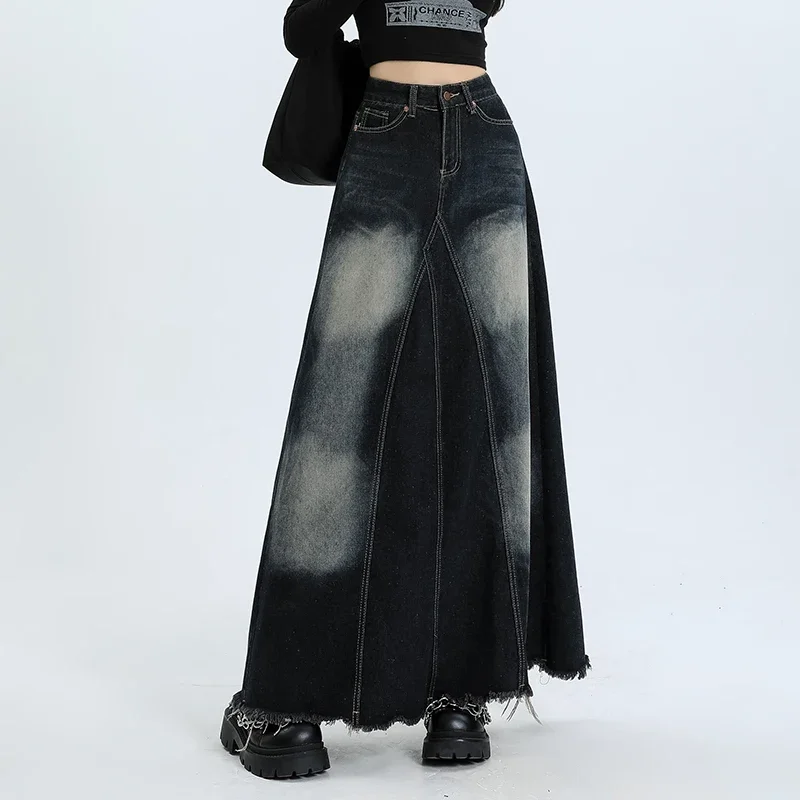 Women Denim Skirt Y2k Emo 2000s Clothes Long Skirt Harajuku Korean 90s Fashion Vintage Gradient A-line Jean Skirt Grunge Clothes