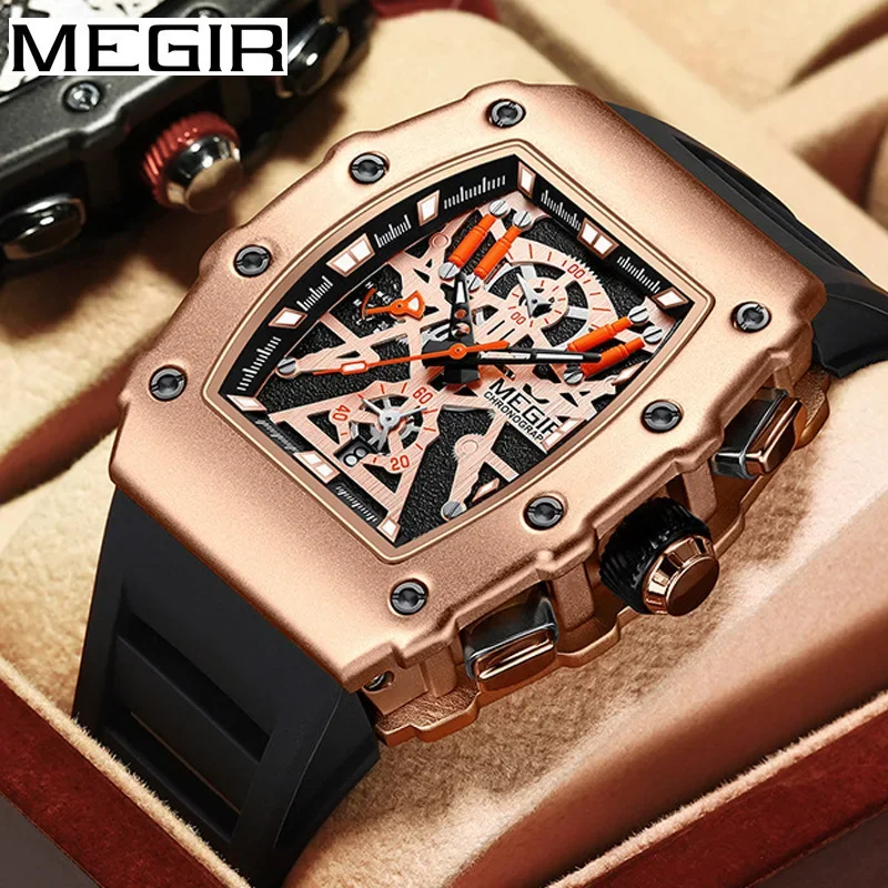 

MEGIR 2218 Men's Luxury Silicone Watch Multi Functional Sports Wine Bucket Night Light Leisure Calendar Quartz Watches for Man
