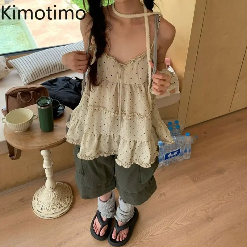 Kimotimo Korean Chic Sweet Polka Dot Camisole Tops Women Summer Vintage Ruffle Patchwork Loose Tanks Fashion Y2k Chic Camisole
