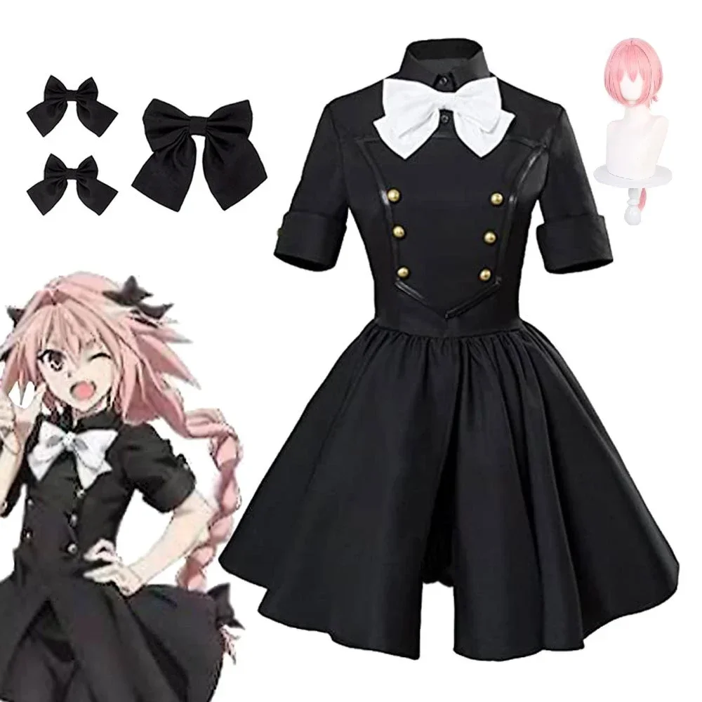 

Fate/Apocrypha Astolfo Cosplay Costume Women Men Daily Halloween Role Play Lovely Cool Outfit Pink Wig Black Full Dress Suit