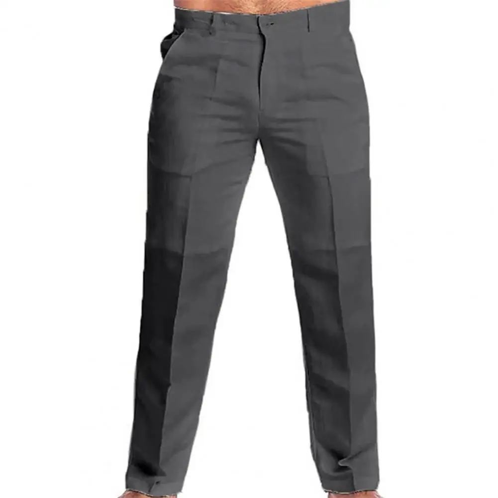 Men Cotton Linen Pants Casual Long Pants Stylish Men\'s Mid-rise Solid Color Slim Fit Trousers Zipper Fly Button Men Trousers