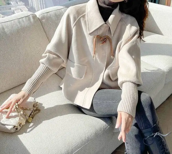 

Wool Blend Coats Womens Woolen Coat Double Collar Fall Flannel Colorful Elasticized Waist Stand-Up Buttoned Cropped Sided Snap