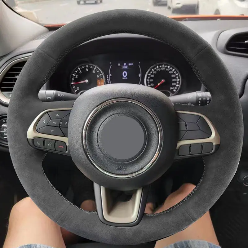 Black Braid Car Steering Wheel Suede Leather Protection Cover Trim For Jeep Compass 2017 2018 Renegade 2015-2019 with Threads