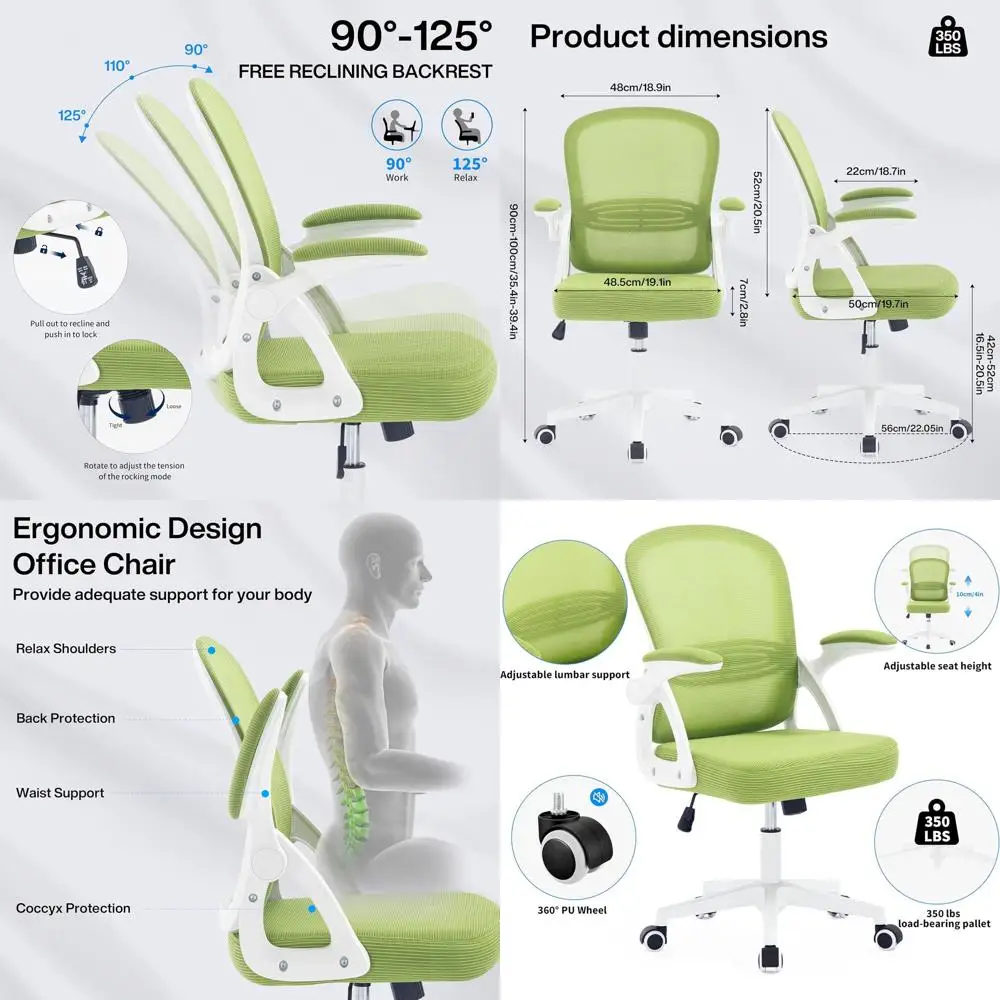 

Ergonomic Mesh Desk Chair with Flip-up Armrests, Adjustable Lumbar Support, Ideal for Home, Office, Study, and Students (White/G