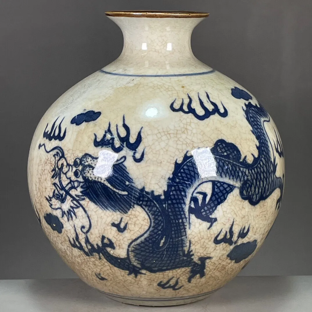 Vintage Crackle Glaze Blue White Dragon Porcelain Apple Vase Qianlong Mark Chinese Antique Ceramic Decor Collectible