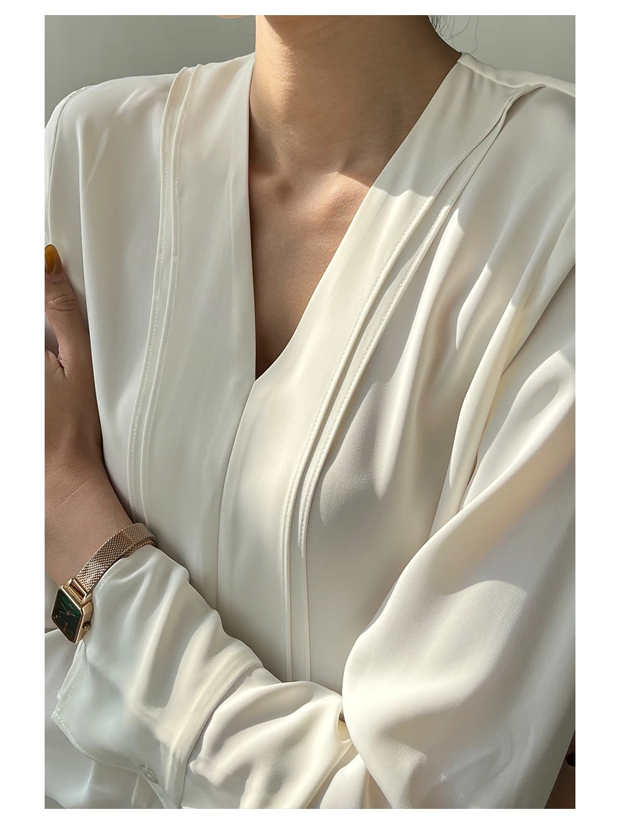 

Женская блузка Ele White с драпировкой, имитация шелка, для повседневной носки, с V-образным вырезом, длинный рукав, 100% полиэстер