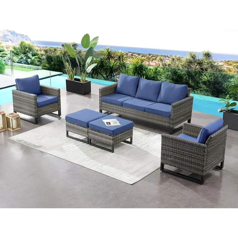 All-Weather Wicker Outdoor Sectional Sofa Set with High Back Chairs & Ottomans for Garden, Backyard