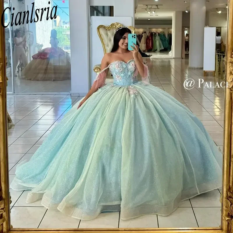

Мятно-зеленый блестящий кристалл Quinceanera платья бальное платье 3D цветы аппликации кружево индивидуальный корсет платья XV Anos