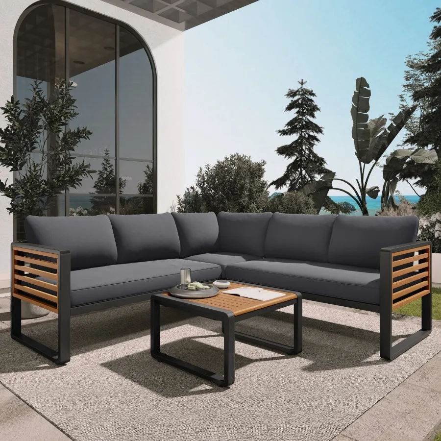 

GO 4 Pieces Outdoor Patio Conservation Set Metal and Wood Frame Sectional Lshaped Sofa with Soft Cushion and a Coffee Tables fo
