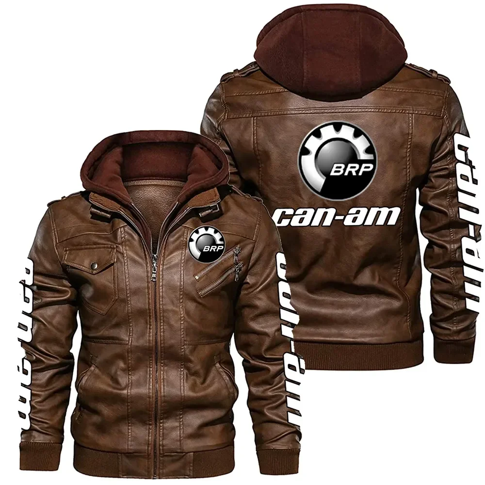 Veste à capuche zippée à manches longues en cuir PU avec logo BRP Can-am pour hommes, manteau doublé de sourire, garder au chaud, mode, hiver, nouveau, 2023