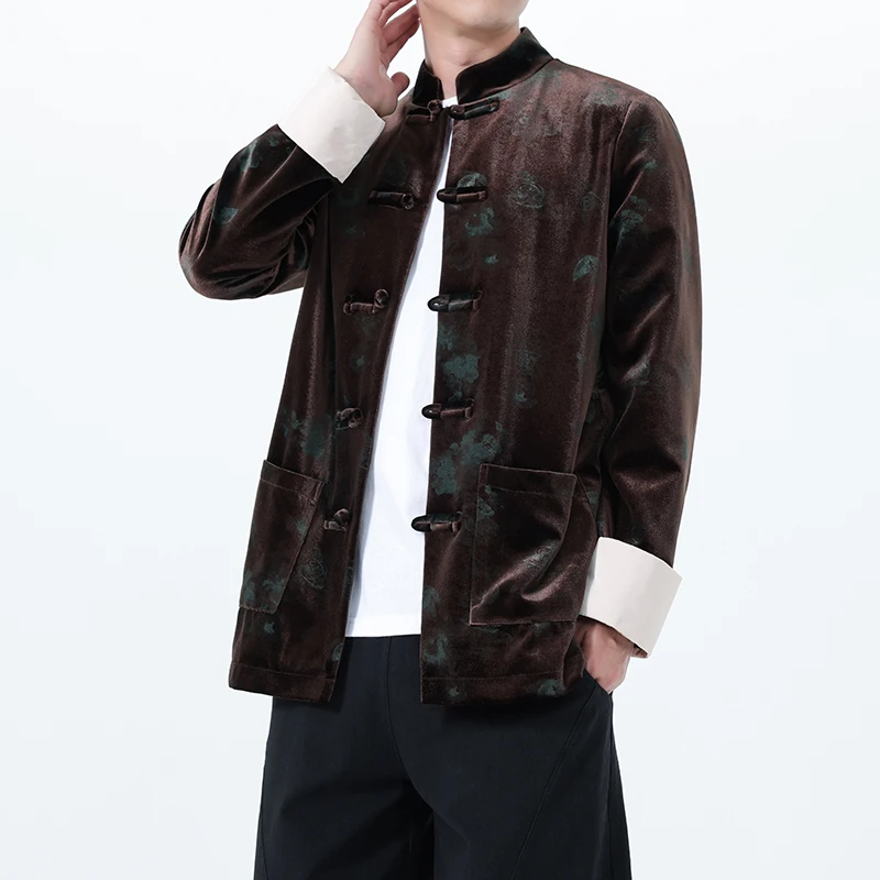 

New Chinese Sle Men's Long Sve Jaet Velvet Print Retro Tang Suit Coat Stand Collar Stand Fit Youth Faion Autumn W...