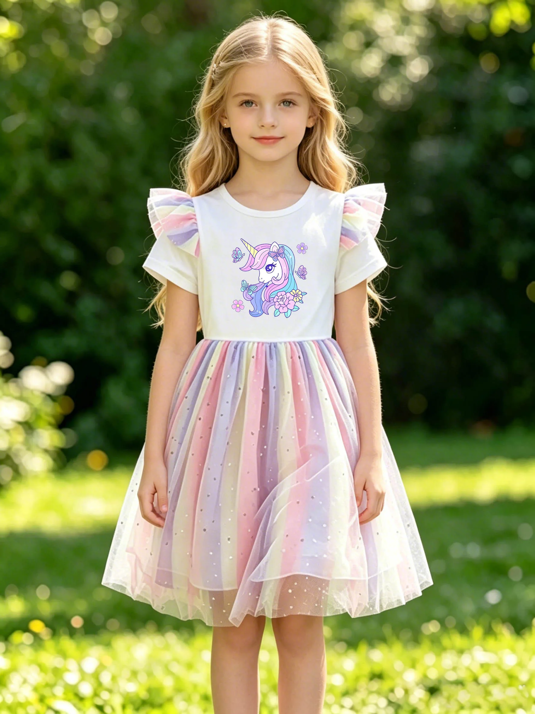 Girls' Floral Butterfly Unicorn Flutter Sleeve Dress, Summer Rainbow Sequin Tulle Puffy Princess Skirt