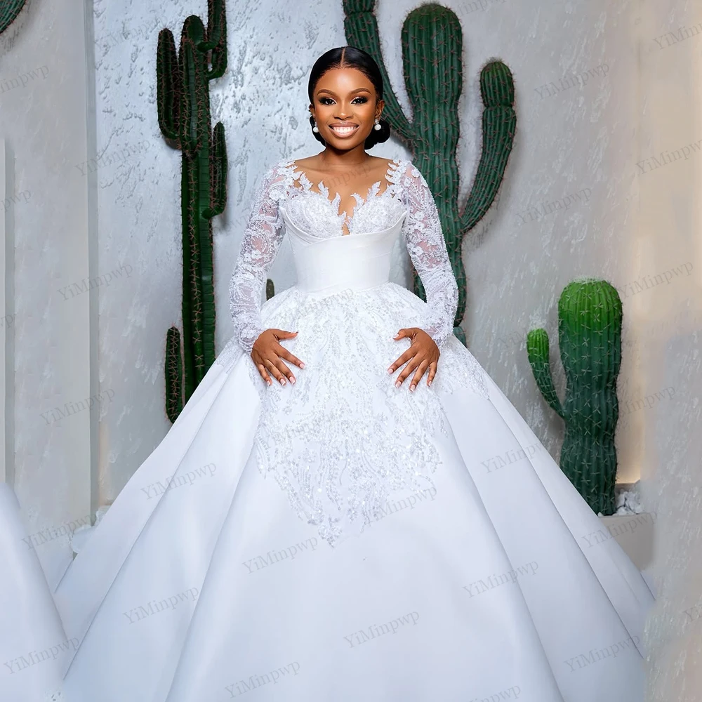 Vestidos de novia de satén de lujo 2 en 1, estilo sirena para novia, encaje, manga larga, tren desmontable, personalizado, 2026