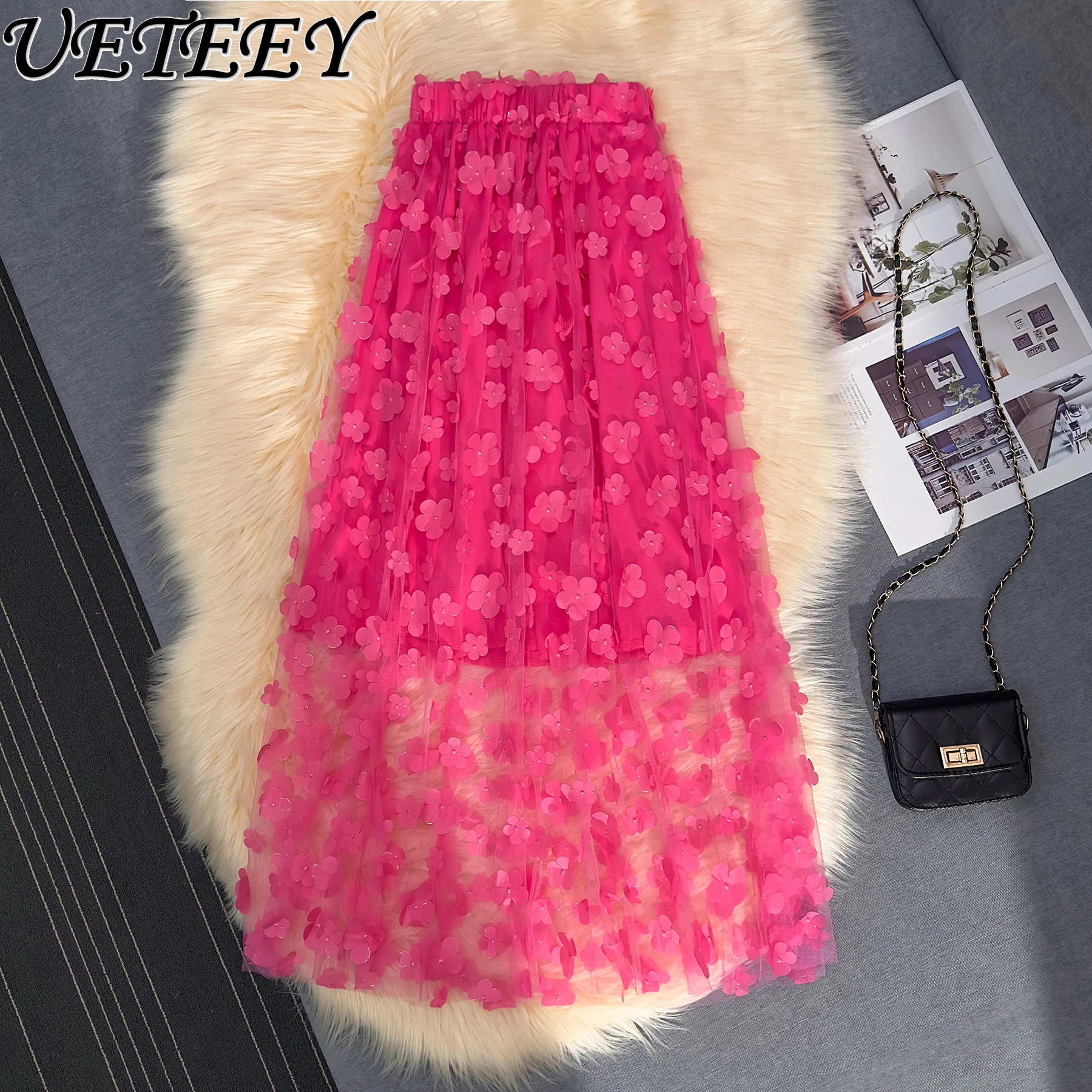 Heavy-Duty Embroidered Flower Mesh Long Skirt Women's Summer Design Mid-Length Straight High-Grade Large Swing Skirts