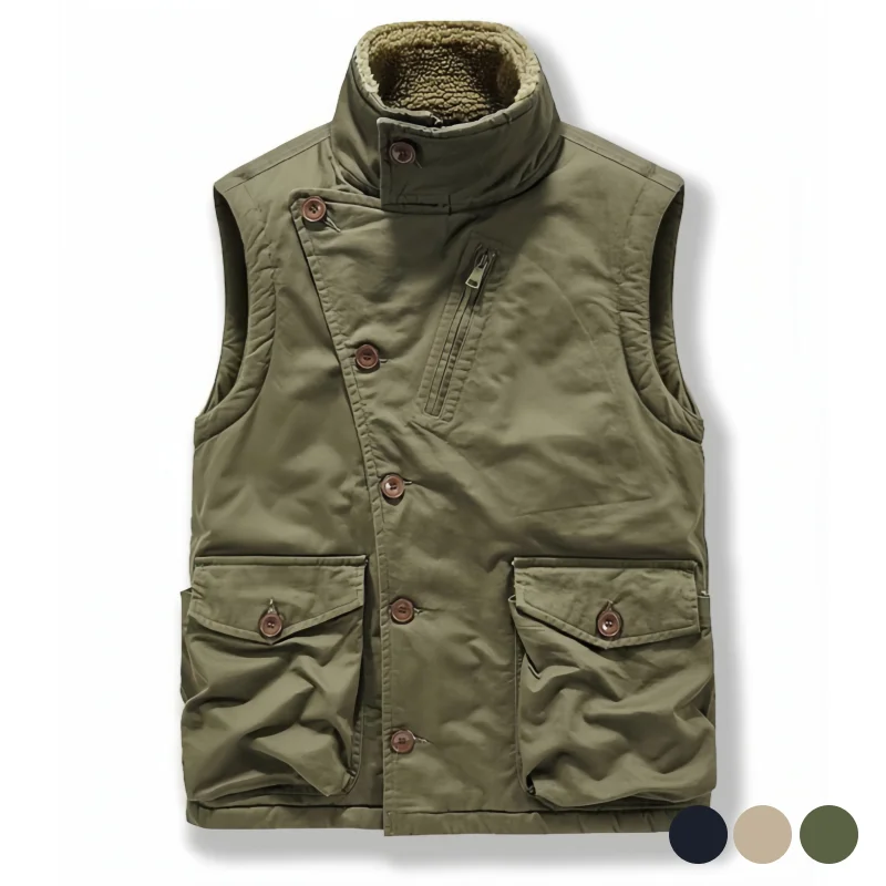 European and American Retro Pure Cotton Canvas Men's Vest, Autumn and Winter Thickened Lamb Wool Vest with Multiple Pockets, Workwear Gilet Jacket