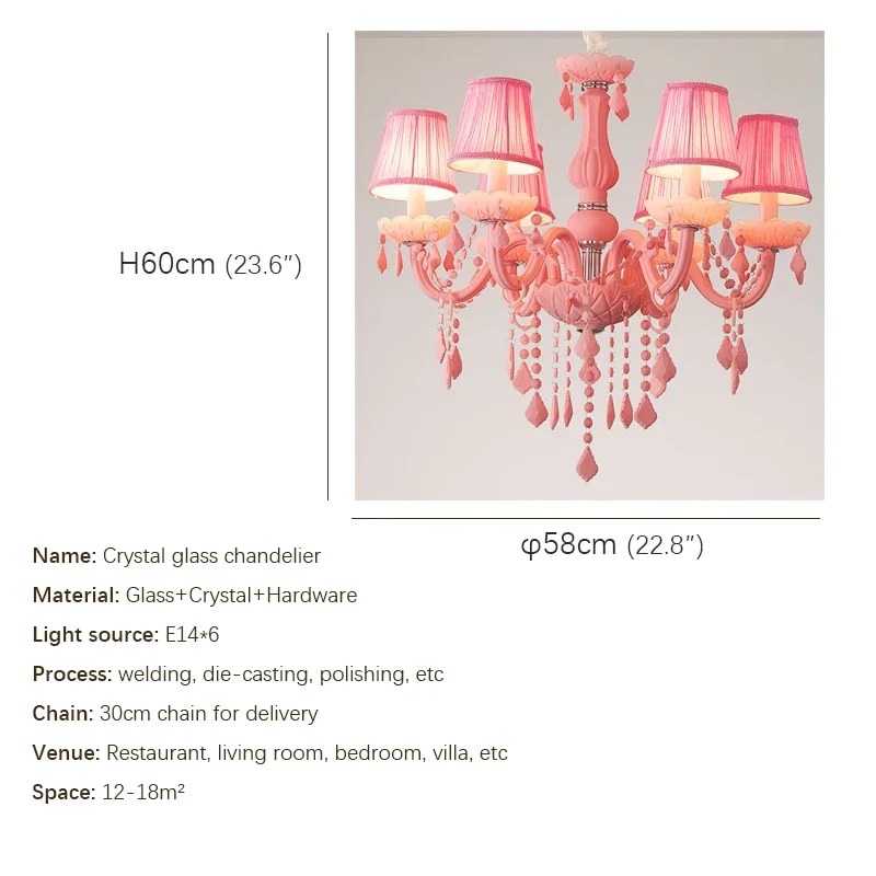 SOURA Pink Crystal Pendent Lamp Art Girls' Room Candle Lamp Children's Room Living Room Restaurant Bedroom Chandelier