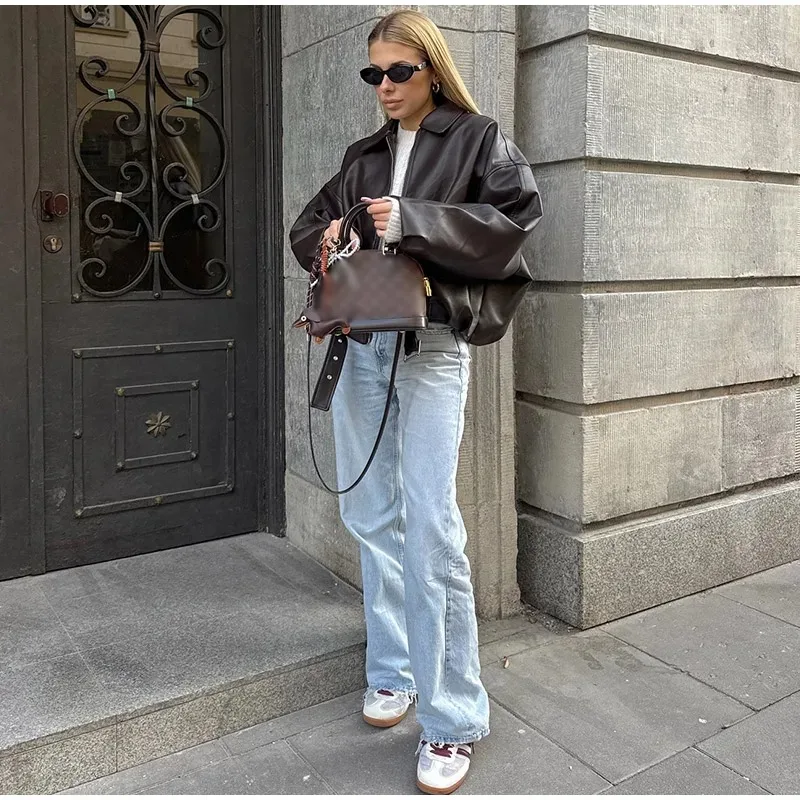 Chaquetas Bomber de cuero PU Vintage para mujer, abrigo de bolsillo de manga larga con solapa y cremallera, ropa informal suelta con cinturón, otoño 2025