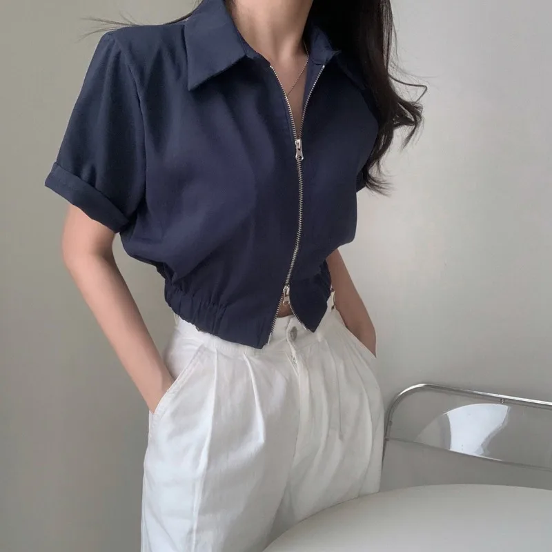 Veste courte chic coréenne pour femmes, tenue de bureau, couleur unie, fermeture éclair, noir, Japon