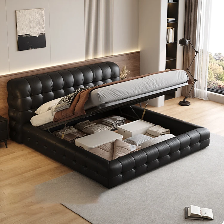 

For Modern Luxury King Size Soft Bed PU Faux Leather Gas Lift Storage Bed with Wooden Frame for Home Furniture Bedroom