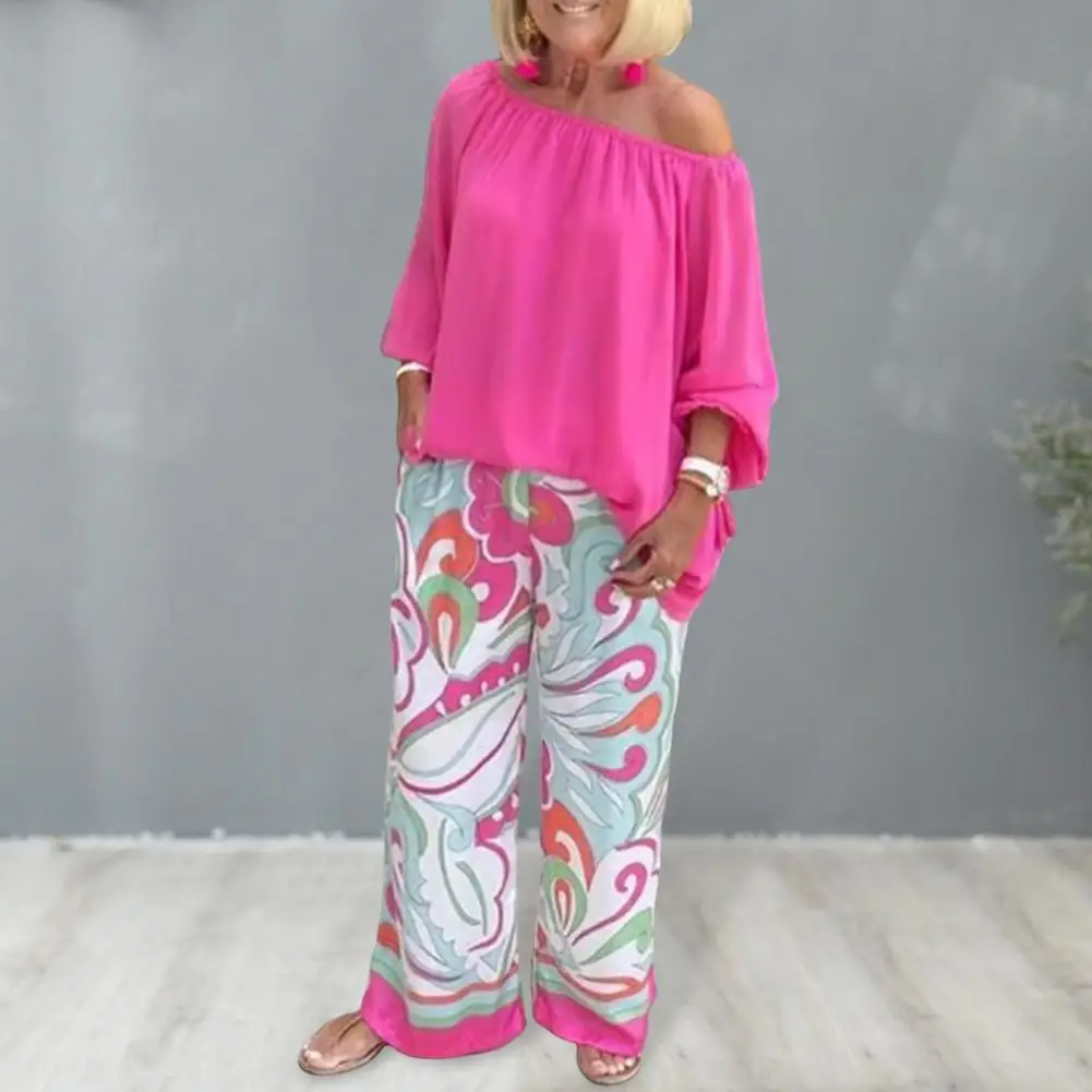 Lady Loose Clothes Printed Blouse Pants Set Slant Neck One Shoulder Top with Wide Leg Trousers Stylish Ol Commute Homewear