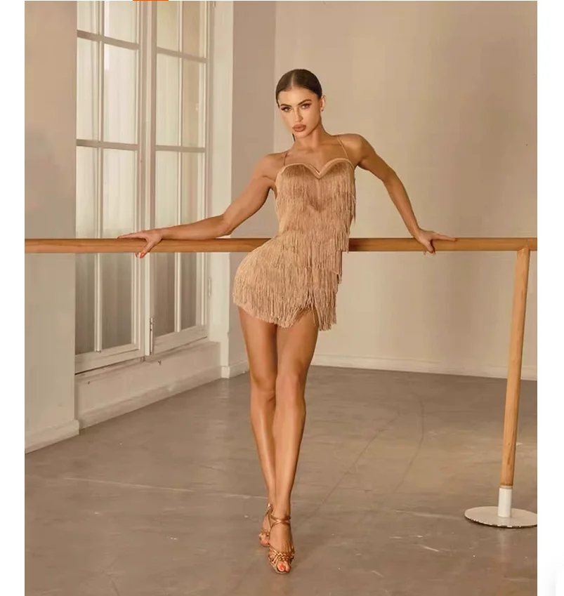 

Multi-layered tassels backless encrypted Latin dance dress for women