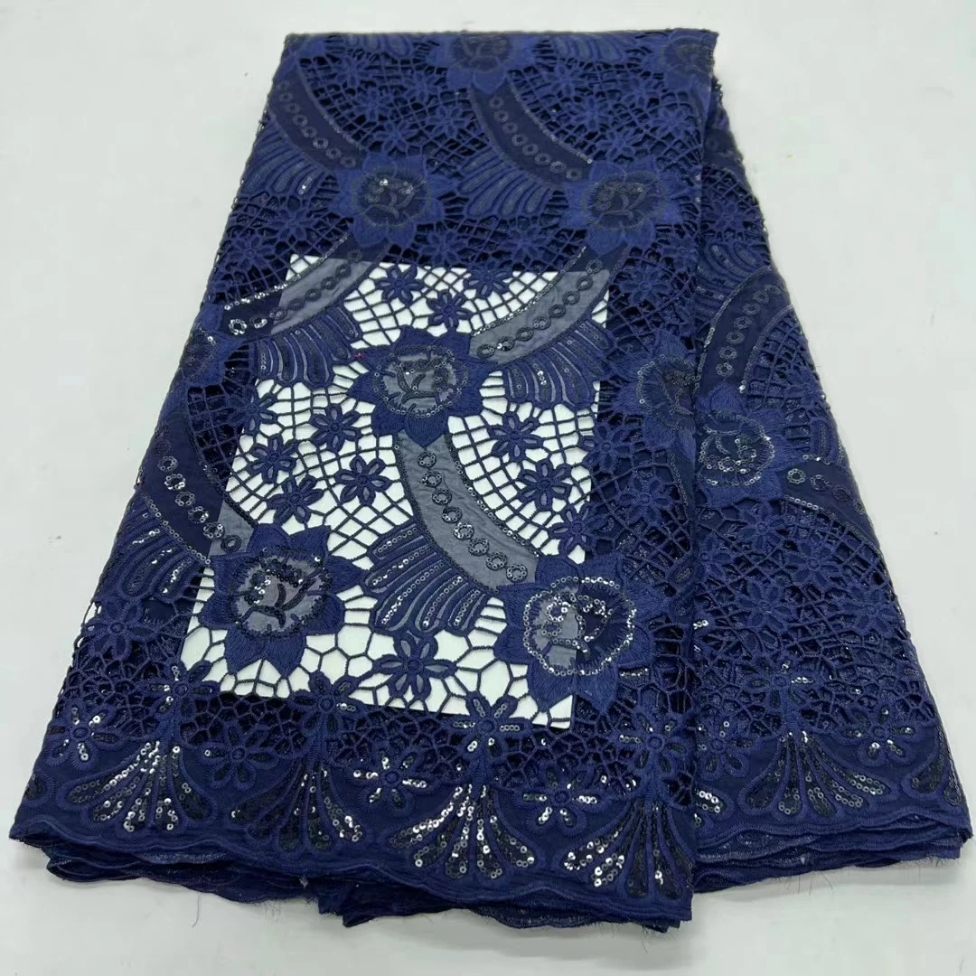 

NRFN42 Dark blue African cord lace fabric with sequins,nice looking embroidered French tulle lace for party & wedding dress