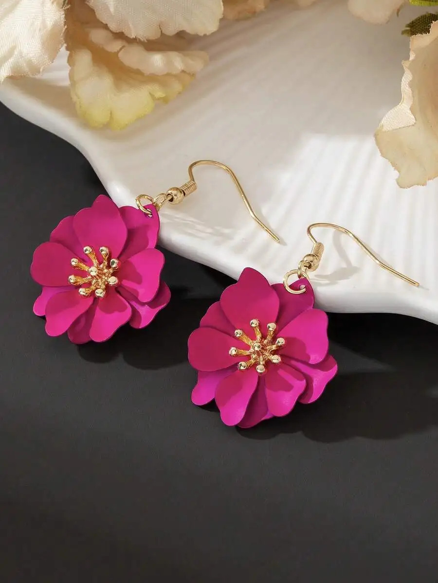 

Fuchsia Pink Layered Flower Earrings Vintage Style Fashion Jewelry For Women