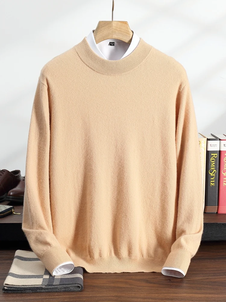 Autumn Winter New Men's 100% Pure Cashmere Knitwear Sweater Mock Neck Smart Casual Basic Versatile Staple Long Sleeve Tops