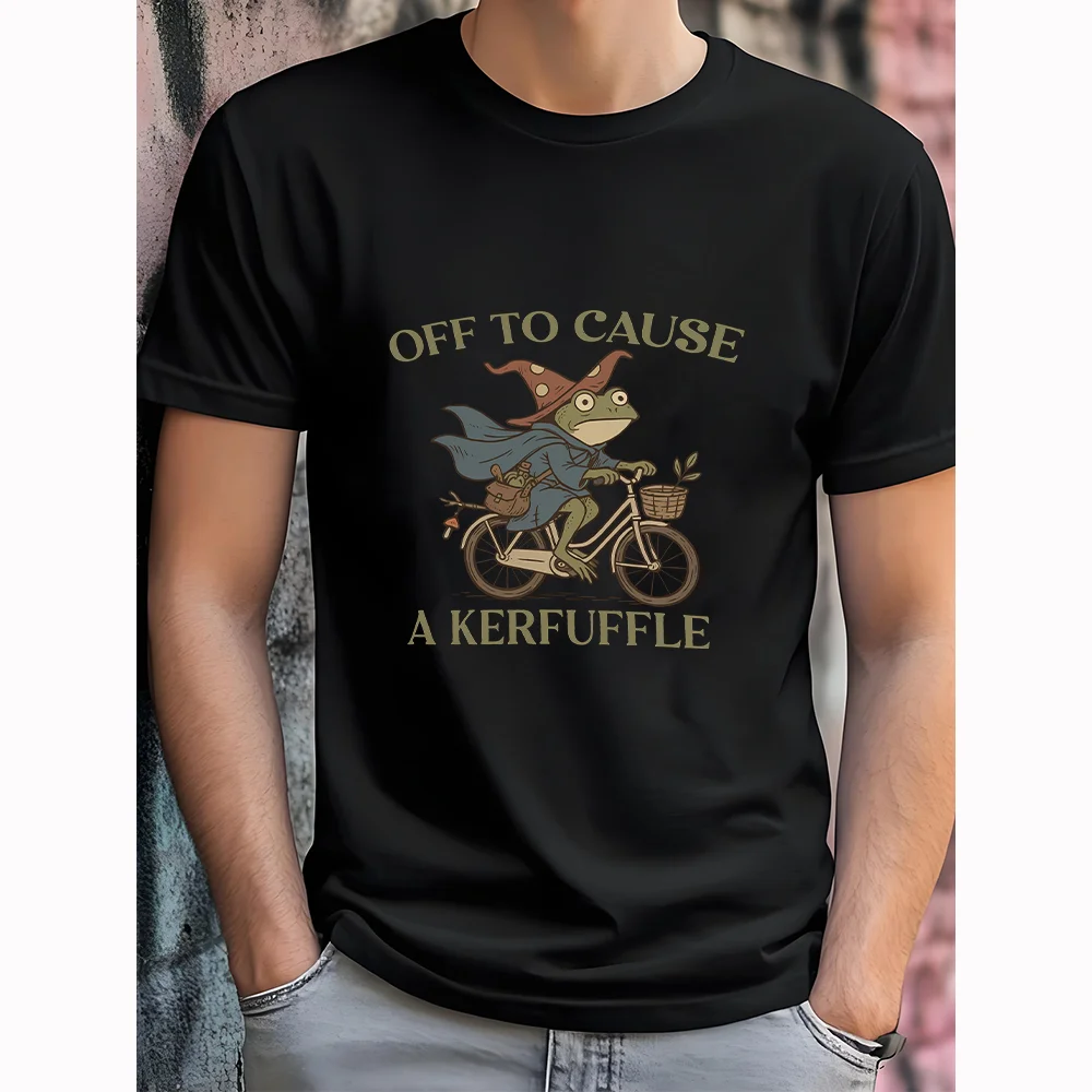„Off To Cause A Kerfuffle“ – Retro-Radfahrer-Zauberer-Frosch-Print, schwarzes T-Shirt, britischer Humor, Nischen-Design, zum Wohlfühlen, Unisex, kurzärmelig KT10024