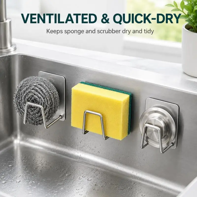 Self-Adhesive Stainless Steel Sponge Holder, No-Drill Sink Caddy for Scrubber, Cloth, Lid, Kitchen & Bathroom