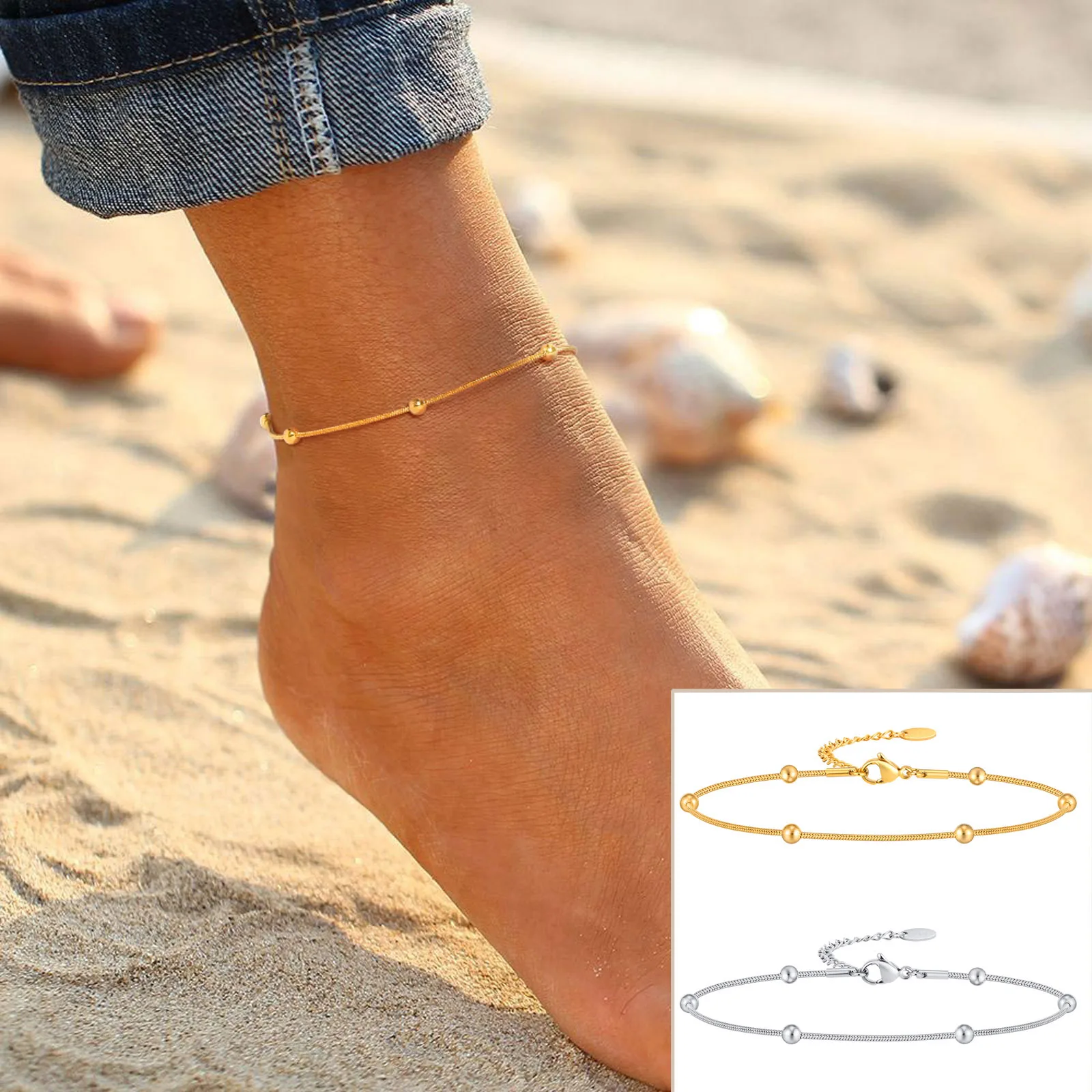 Adjustable Satellite Beaded Anklet Bracelets for Women ,Stainless Steel Summer Beach Foot Chain Stainless Steel Waterproof