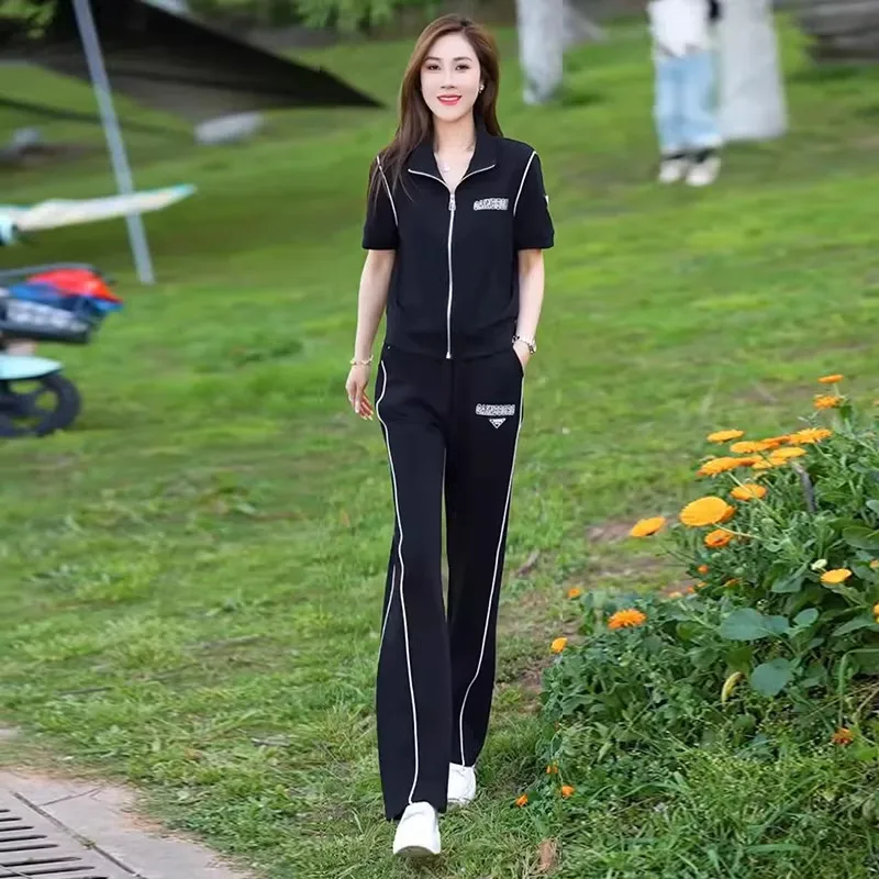 

Fashion Casual Short Sleeved Cardigan Straight Leg Pants Two-piece Set for Women's Summer New Western Style Sportswear Set