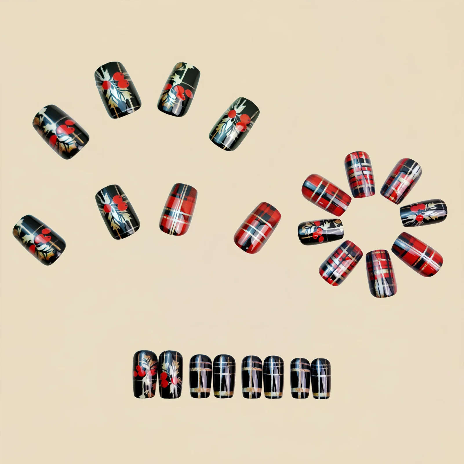 24 قطعة عيد الميلاد الأظافر وهمية الأحمر/الذهب/أسود مخطط تصاميم قصيرة مربع الصحافة على الأظافر للنساء السنة الجديدة حفلة سحر مانيكير