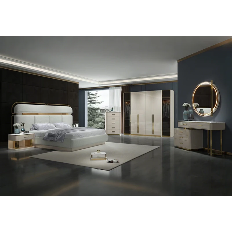 &Popular Modern king Size Bedroom Sets Double Upholstered Bed Home Master Room Wooden Frame Luxury Complete Bedroom Furniture Se