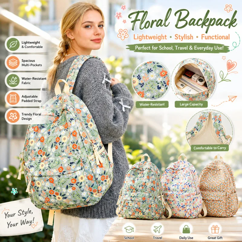 

Floral Corduroy School Backpacks Girl Vintage Cottagecore Book Bag Water Resistant Large Capacity Laptop Backpack Students Women