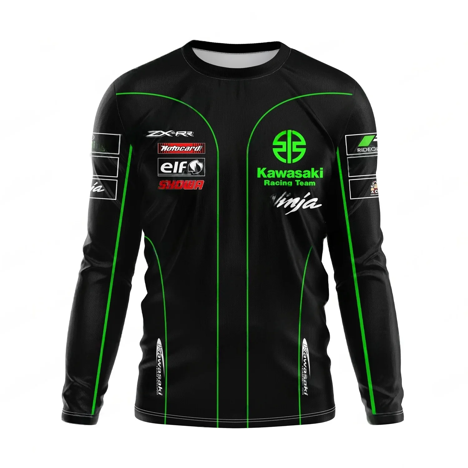 

Осенняя мужская футболка с круглым вырезом и длинными рукавами Kawasaki с мотоциклетным принтом, дышащая, быстросохнущая, удобный спортивный топ на открытом воздухе