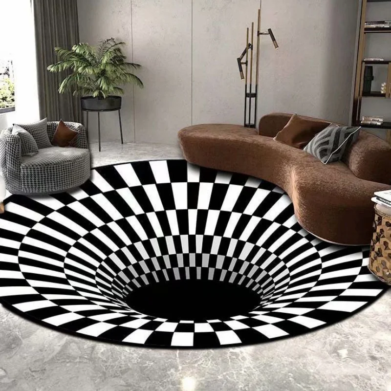 3D Vortex Illusion Round Carpets for Living Room Decoration Black White Grid Carpet Large Area Rugs Bedroom Entrance Door Mat