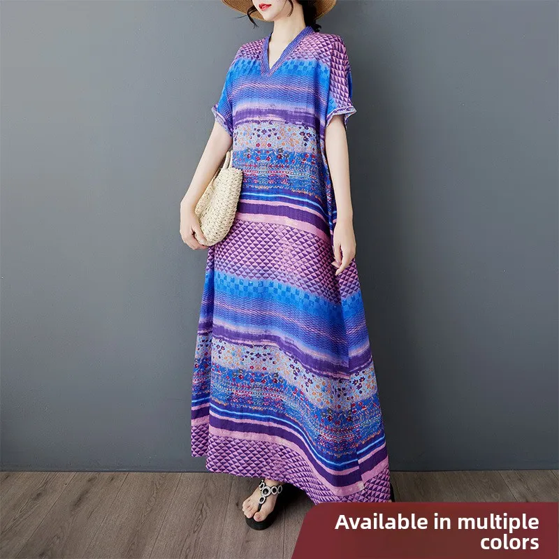 فضفاض مخطط على شكل حرف V دكتور للنساء مقاس كبير في منتصف العمر والأمهات Sle مزيج من القطن والكتان صيفي طويل Sve Dr #1