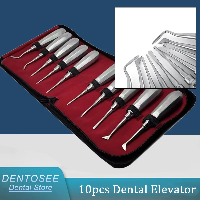

10pcs Dental Elevator Kit Curved Root Tooth Extractor Stainless Steel Dentist Tools Oral Surgery Extraction Forceps Set