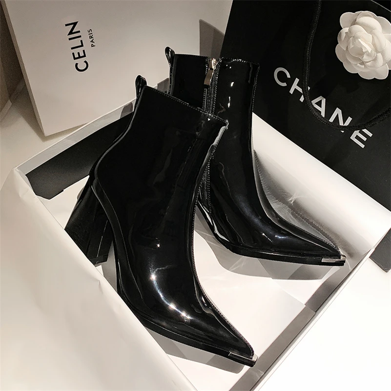 Meotina Women Genuine Leather Ankle Boots Square Toe Chunky High Heel Zipper Ladies Fashion Short Boot Autumn Winter Shoes Black