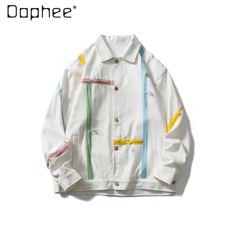 

Мужская куртка в японском стиле на весну-осень с лентами и пэчворком, на шнуровке, свободного кроя, повседневная, белая