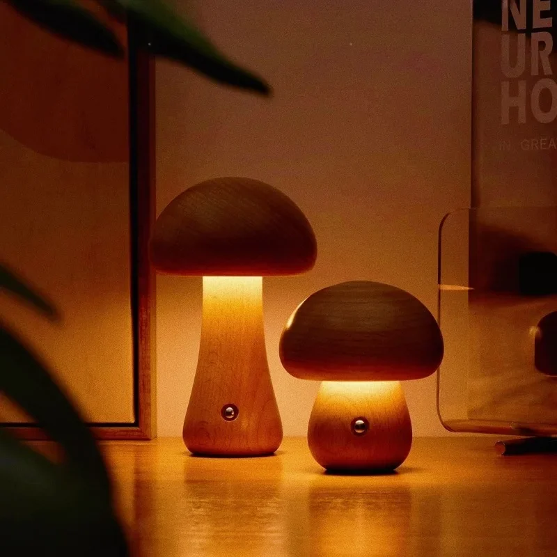 Desktop Lamp Creative Solid Wood Mushroom LED Lights Atmosphere Lamps for Room Decor Nordic Creative Gift Chargeable Table Lamps