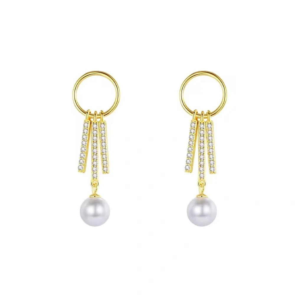 

Korean-style S925 Sterling Silver Baroque Geometric Pearl Long Tassel Studs Women's Minimalist Exquisite Zircon-embellished Jewe