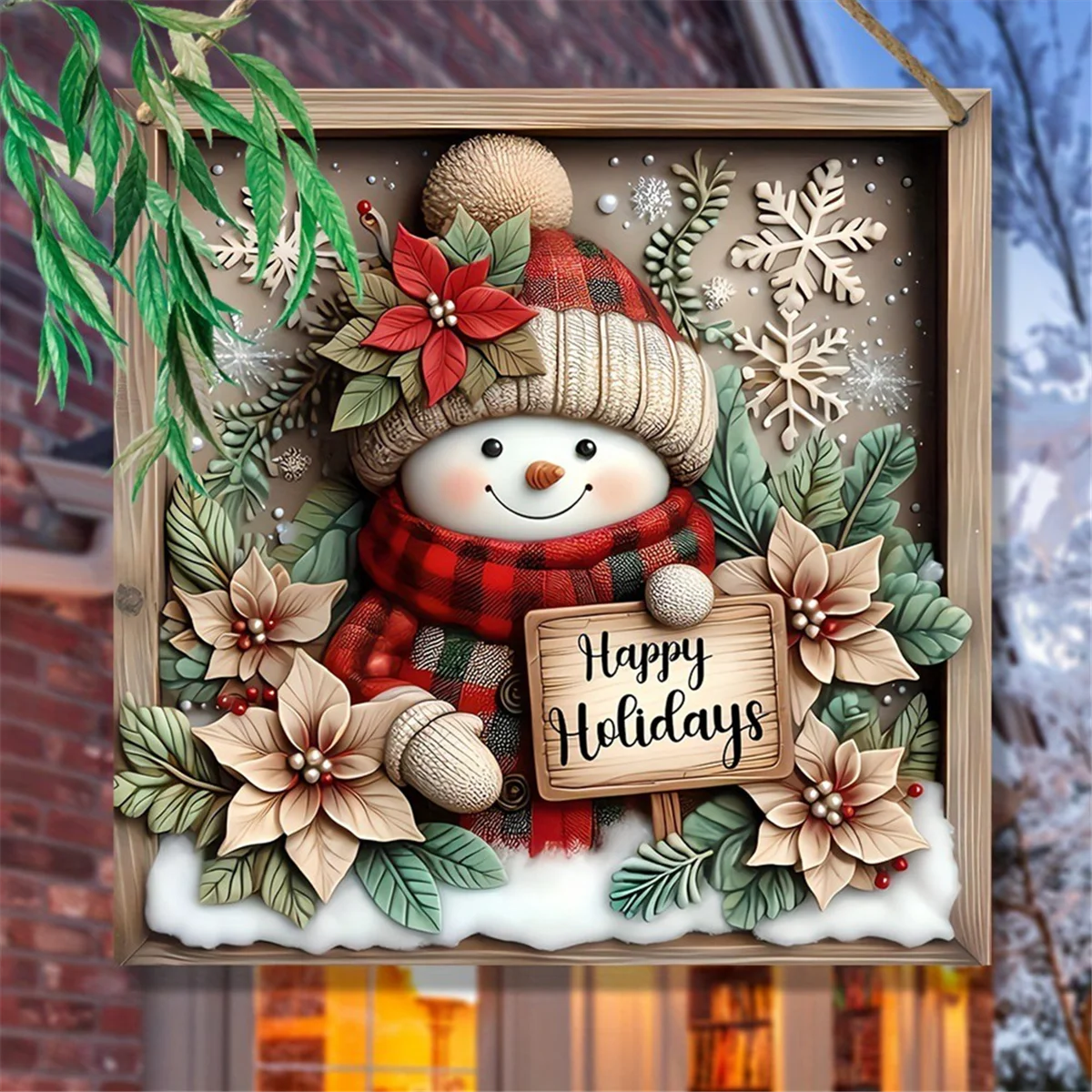 A71P 2D شقة الخشب نحت الثلج المشهد خشبية القنب حبل قلادة الديكور عيد الميلاد مهرجان الديكور