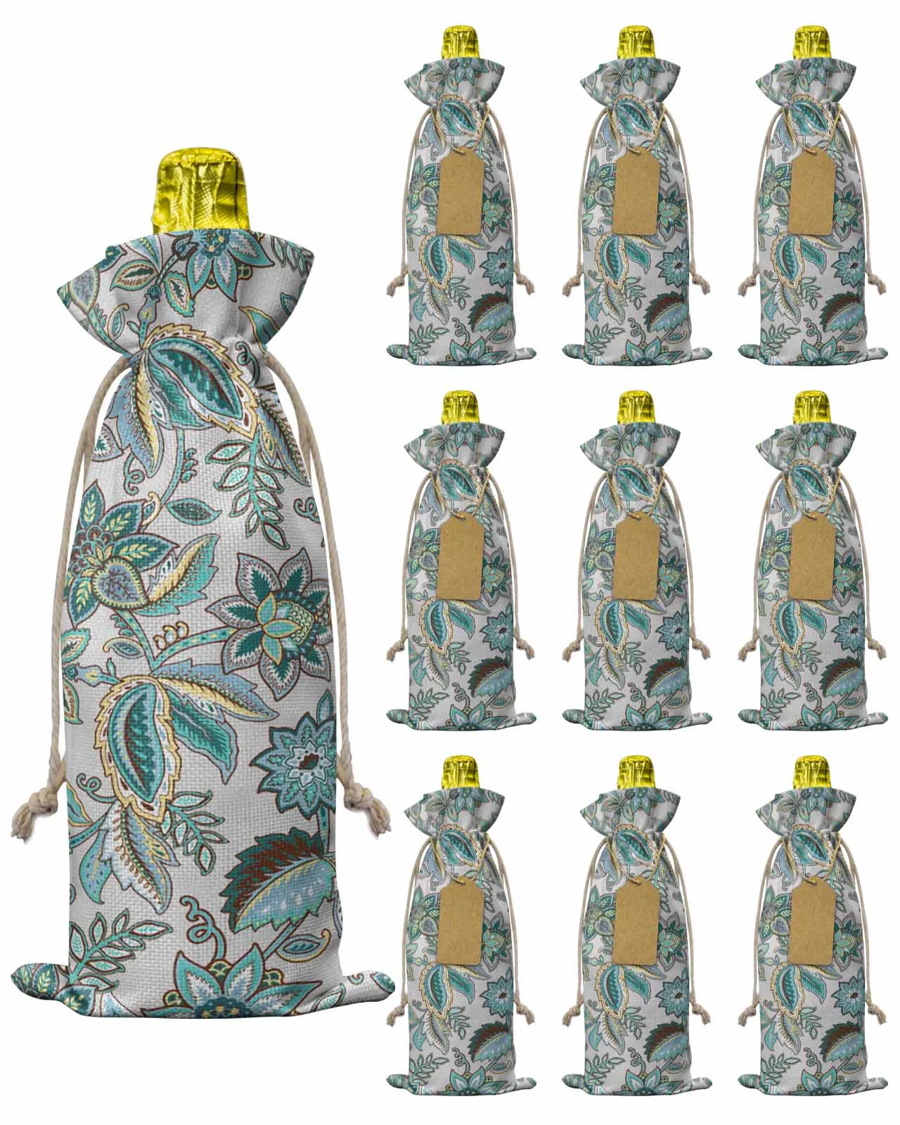 10pcs Leaves With Retro Patterns In Turquoise ColorWine Bottle Bag with Drawstring Festive Party Decor Wine Bottle Covers Gift