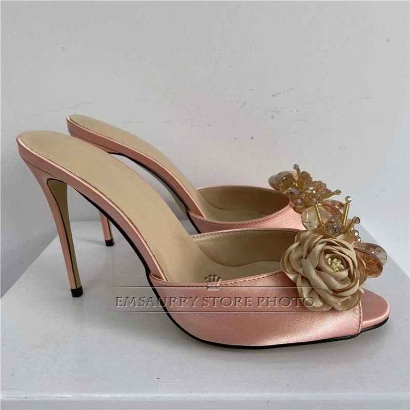 Beaded Crystal Rose Flower Sandals Women 10cm Stiletto Heel Luxury Satin Peep Toe Slingbacks Mules For Girls Summer